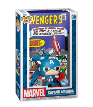 Captain America Funko Pop Comic Cover (#30) from Marvel Avengers, featuring the iconic superhero in a collectible comic art display case.
