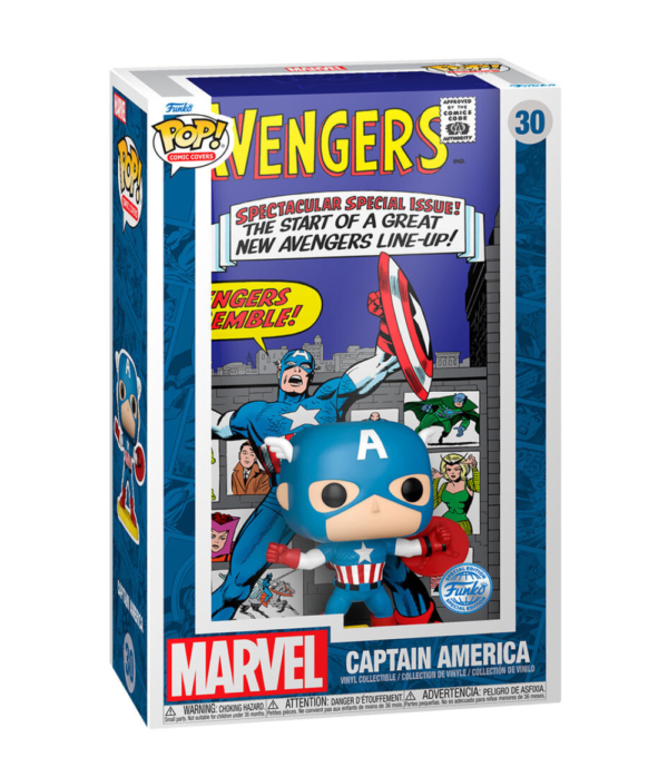 Captain America Funko Pop Comic Cover (#30) from Marvel Avengers, featuring the iconic superhero in a collectible comic art display case.