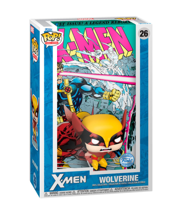 Wolverine Funko Pop Comic Cover (#26) from Marvel X-Men, showcasing the legendary mutant in a collectible comic art display case.