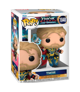 Thor Funko Pop (#1040) from Marvel's Thor: Love and Thunder, showcasing the God of Thunder in a dynamic pose with his iconic hammer.