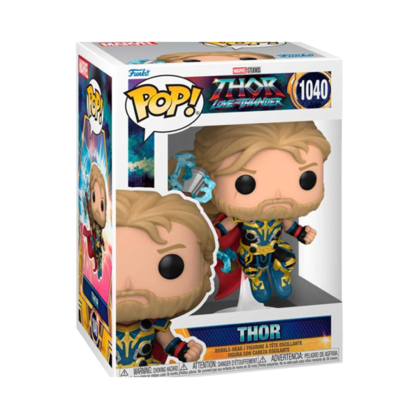 Thor Funko Pop (#1040) from Marvel's Thor: Love and Thunder, showcasing the God of Thunder in a dynamic pose with his iconic hammer.