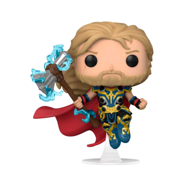 Thor Funko Pop (#1040) from Marvel's Thor: Love and Thunder, showcasing the God of Thunder in a dynamic pose with his iconic hammer.