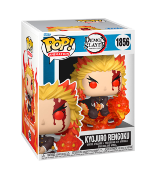 Kyojuro Rengoku Funko Pop (#1856) from Demon Slayer: Kimetsu no Yaiba, featuring the powerful Flame Hashira in an iconic pose.