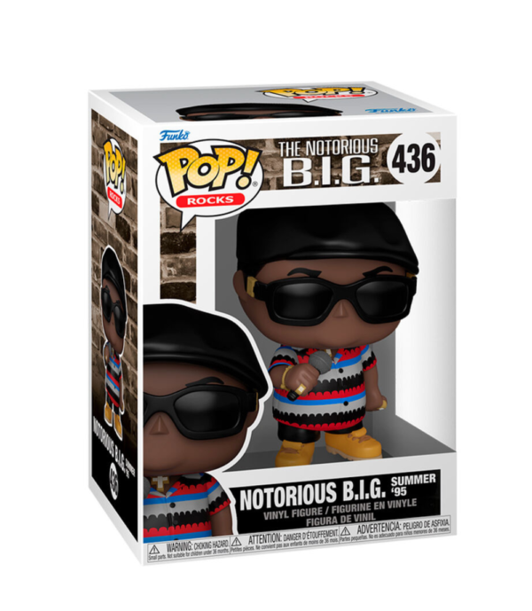 The Notorious B.I.G. Funko Pop (#436) Summer '95 edition, a collectible figure honoring the hip-hop icon.