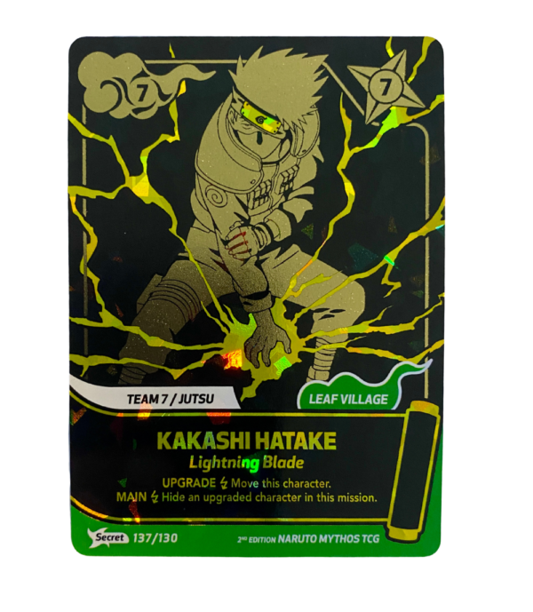 Naruto Mythos TCG, Naruto Mythos, Kakashi Hatake, Secret Kakashi Hatake, 137/130, Secret Rare, Secret, 2nd Edition, English, Naruto TCG, Naruto Cards, Konoha Shidō, Copy Ninja, Sharingan, Collectible Card, Trading Card Game, TCG, Near Mint, NM, Sleeve, Toploader, Naruto Singles